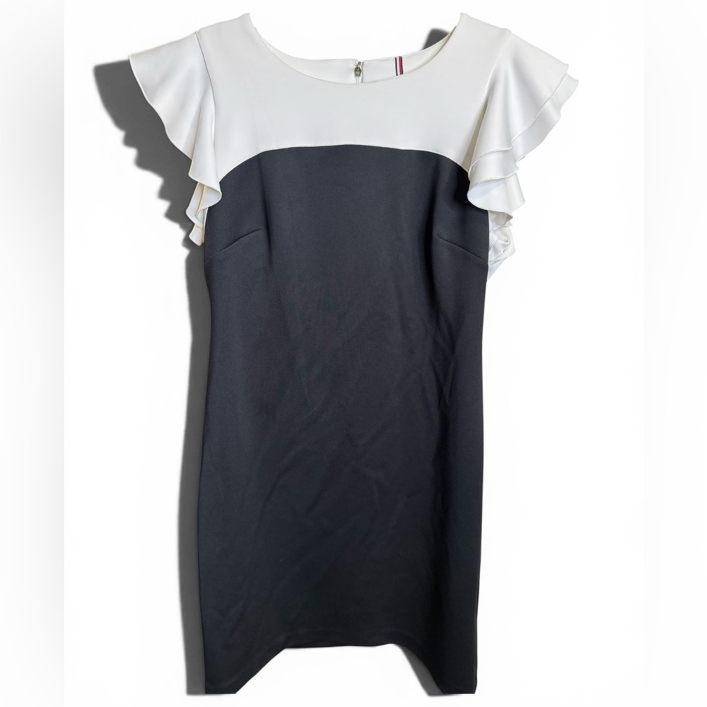 Tommy Hilfiger Black Body with White Triple Ruffle-Yoke Midi Dress